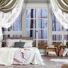 Fototapete mit Blick auf einen Herbstwald durch ein Fenster in 3D, perfekt für das Schlafzimmer.