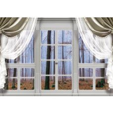 3D-Fototapete mit Blick auf einen Herbstwald und Bäume, gesehen durch ein Fenster.