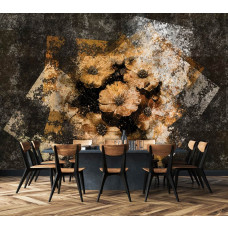 Eine 3D-Fototapete mit goldenen Blumen an einer Betonwand in der Küche.