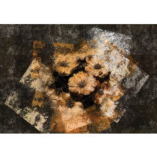 Eine 3D-Fototapete mit goldenen Blumen auf einem Betonhintergrund, elegante Dekoration mit einem industriellen Touch.