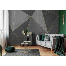Eine 3D-Fototapete mit goldenen Linien und Marmordreiecken mit 3D-Effekt, zu sehen im Wohnzimmer.
