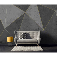 Eine 3D-Fototapete mit goldenen Linien und Marmordreiecken, zu sehen im Wohnraum.