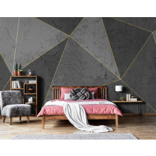 Eine 3D-Fototapete mit goldenen Linien und Marmordreiecken, zu sehen im Schlafzimmer.