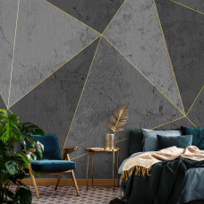 Eine 3D-Fototapete mit goldenen Linien und Marmordreiecken, zu sehen im Wohnzimmer und Schlafzimmer.