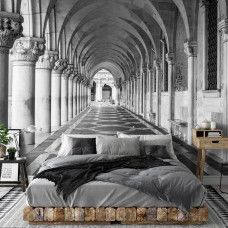 Eine 3D-Fototapete eines Korridors mit Säulen im griechischen Stil im Wohnzimmer und Schlafzimmer gesehen.