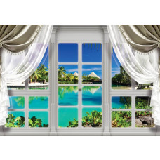 Hawaii-Fensteransicht von Wasser und Bergen in 3D-Effekt auf Fototapete.