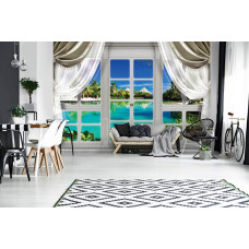 Eine Fototapete mit einer hawaiianischen Ansicht durch ein Fenster, geeignet für das Wohnzimmer.