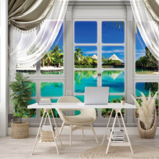 Eine Fototapete mit einer tropischen Landschaft durch ein Fenster, perfekt für ein Büro.