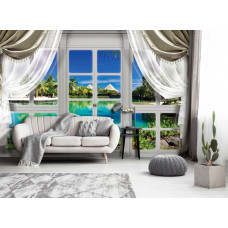 Eine Fototapete mit Hawaii-Ansicht durch ein Fenster in 3D, ideal für eine tropische Atmosphäre.