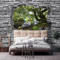 Eine 3D-Fototapete eines Lochs in der Wand mit Waldblick, umgeben von Ziegeln, die im Schlafzimmer zu sehen sind.