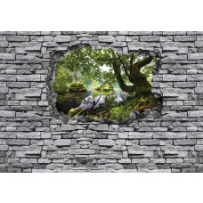 Eine 3D-Fototapete eines Waldlochs in einer Ziegelwand, mit Tiefenwirkung.