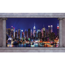 3D-Fototapete von New York bei Nacht, Säulen und Stadtbild.