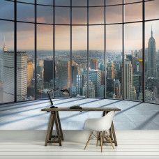 Eine 3D-Fototapete der New Yorker Skyline mit Fenstern und der Stadt im Hintergrund für das Büro.