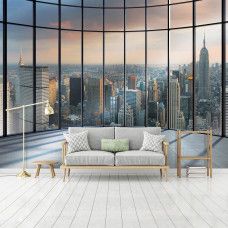Eine 3D-Fototapete der New Yorker Skyline mit Fenstern und der Stadt im Hintergrund für das Schlafzimmer.