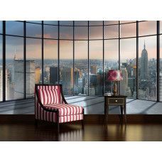 Eine 3D-Fototapete der New Yorker Skyline mit Fenstern und der Stadt im Hintergrund für das Wohnzimmer.