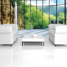 Eine Fototapete mit einer Wasserfall-Landschaft in einem 3D-Stil, bedruckt auf Vliesbehang, geeignet für ein Wohnzimmer.
