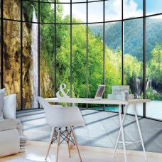 Eine Fototapete mit einer Wasserfall-Landschaft in einem 3D-Design, ideal für ein Wohnzimmer.