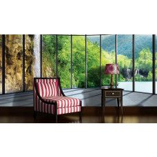 Eine Fototapete mit 3D-Blick auf eine Wasserfall-Landschaft, perfekt für ein Schlafzimmer.