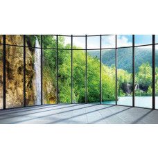 Fototapete von einem Fensterblick auf einen Wasserfall, mit einem natürlichen und beruhigenden Design.