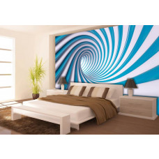 Eine 3D-Fototapete mit einer blauen und weißen Spirale im Schlafzimmer.