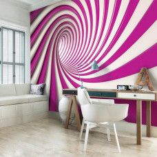 Ein Büro mit einer Fototapete einer Spirale in Rot und Weiß in 3D-Optik.