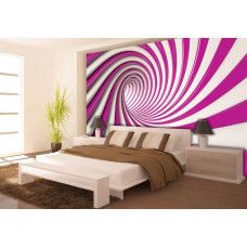 Ein Schlafzimmer mit einer Fototapete einer Spirale in Rot und Weiß in 3D-Optik.