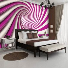 Eine Fototapete einer Spirale in Rot und Weiß in 3D-Optik in einem Schlafzimmer.