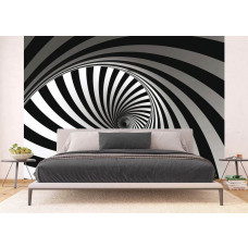 Ein 3D Fototapet von einem schwarz-weißen Spiraltornado in einem Schlafzimmer mit Airtex.