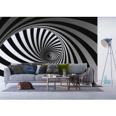 Ein 3D Fototapet von einem schwarz-weißen Spiraltornado in einem Wohnzimmer mit Airtex.