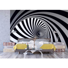 Ein 3D Fototapet von einem schwarz-weißen Spiraltornado in einem Schlafzimmer mit Vliesbehang.