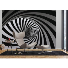 Ein 3D Fototapet von einem schwarz-weißen Spiraltornado in einem Wohnzimmer mit Vliesbehang.