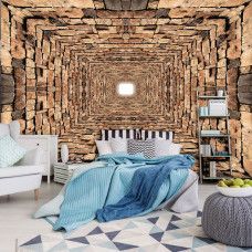 Eine 3D-Fototapete eines Steintunnels mit Ziegeln und einem 3D-Effekt, gesehen im Schlafzimmer.