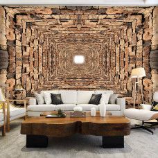 Eine 3D-Fototapete eines Steintunnels mit Ziegeln und einem 3D-Effekt, gesehen im Wohnzimmer.