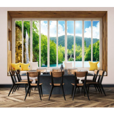 3D-Fototapete Blick durch Fenster auf den Wasserfall mit Landschaft in der Küche.