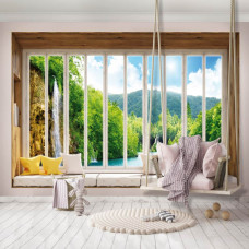 3D-Fototapete Blick durch Fenster auf den Wasserfall mit Landschaft im Kinderzimmer.
