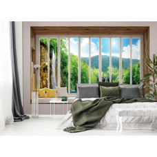 3D-Fototapete Blick durch Fenster auf den Wasserfall mit Landschaft im Schlafzimmer.