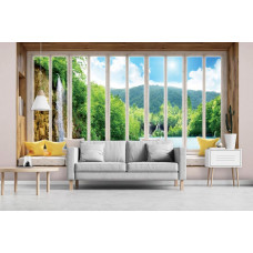 3D-Fototapete Blick durch Fenster auf den Wasserfall mit Landschaft im Wohnzimmer.