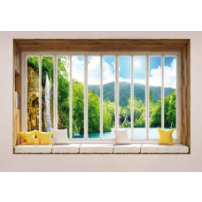 3D-Perspektive eines Wasserfalls und Dschungel durch ein Fenster auf eine beeindruckende Fototapete.