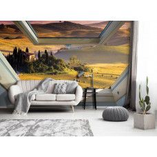 Eine Fototapete mit einer natürlichen Landschaft mit Blick durch ein Fenster für das Wohnzimmer.