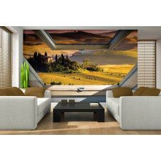 Eine Fototapete mit Blick auf eine Landschaft durch ein Dachfenster, geeignet für das Wohnzimmer.