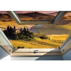 3D-Fototapete mit Blick auf eine weite Landschaft durch ein Dachfenster.