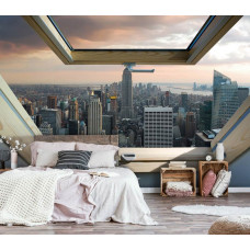 Eine Fototapete mit einer Stadtansicht von New York durch ein Oberlicht für das Büro.