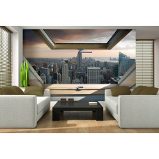 Eine Fototapete mit einer Fensteransicht von New York durch ein Oberlicht, speziell für das Wohnzimmer.