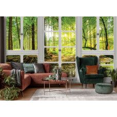 Fototapete mit Blick auf sonnigen Wald mit grüner Natur und Sonnenstrahlen, ideal für das Wohnzimmer.