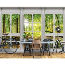 Fototapete mit sonnigem Wald und grüner Natur, geeignet für das Büro.