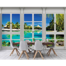 3D Fototapete mit Hawaii Blick durch Fenster in der Küche.