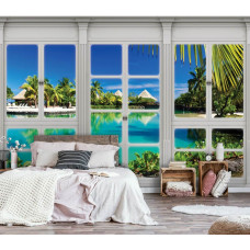 3D Fototapete mit Hawaii Blick durch Fenster im Schlafzimmer.