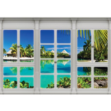 Hawaii Blick durch Fenster mit 3D Perspektive auf Fototapete.
