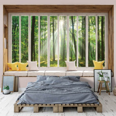 3D-Fototapete Blick auf sonnigen Wald aus dem Fenster im Wohnzimmer und Schlafzimmer.