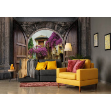 Eine 3D-Fototapete mit Blick auf eine antike Stadt durch Schlosstüren für Schlafzimmer und Wohnzimmer.